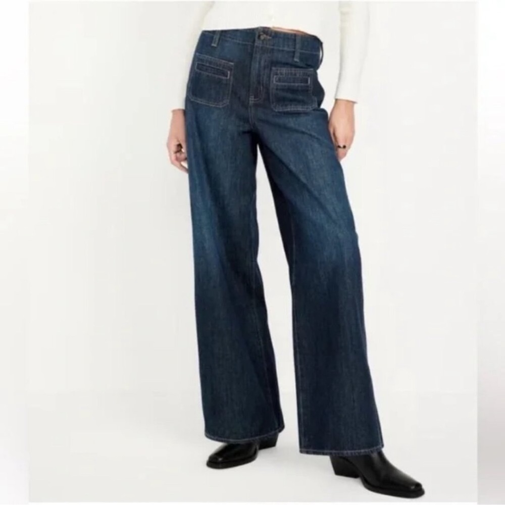 Old Navy High Rise Baggy Wide Leg Jeans 12 Tall Dark Wash Trousers NWT Square